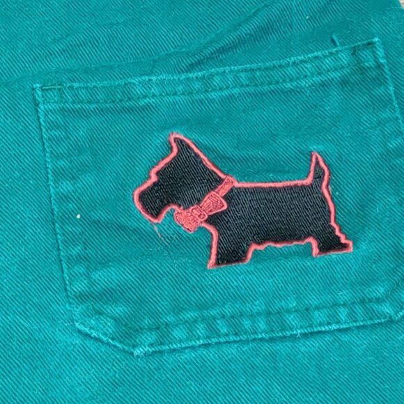 In Design 6 Girls Green Cotton Denim Jumper Dress Scotty Dog Bow Pockets Vintage - Picture 4 of 9
